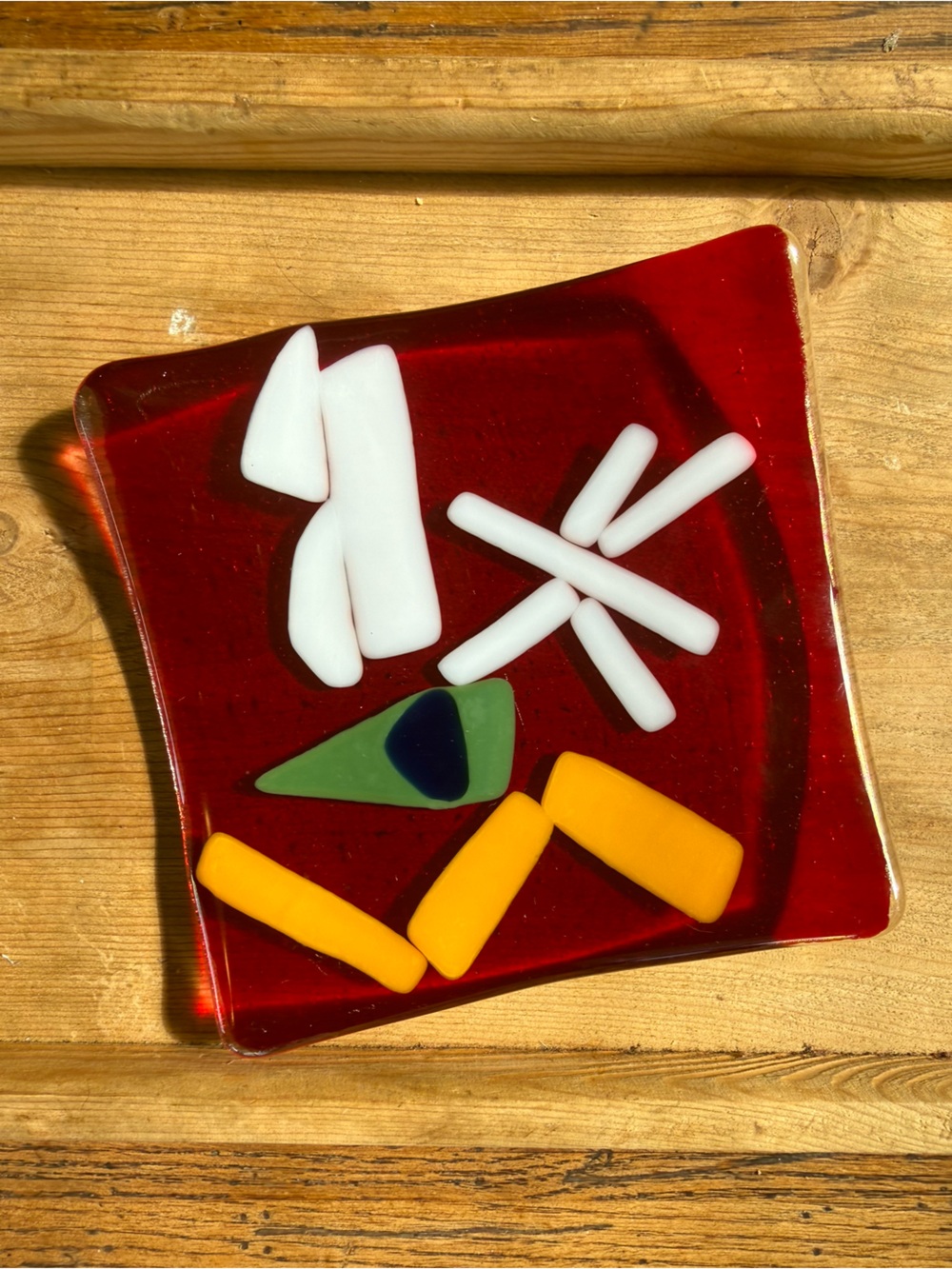 MCM Red Fused Glass Decorative Dish with Multicolor Accents Vintage mid century